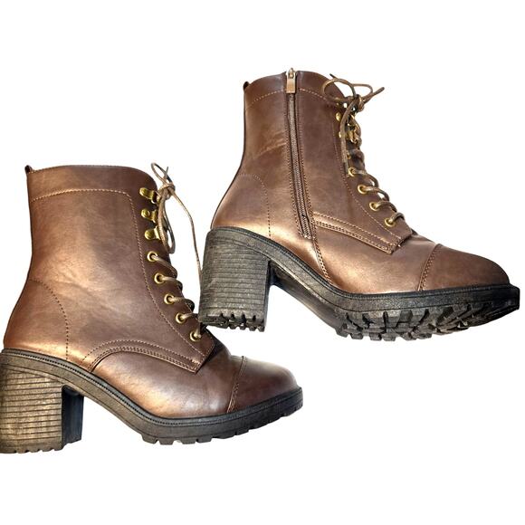 NWT Forever 8.5 Brown Women's Combat Ankle Boots 3 Inch High Heel Shoe 8 1/2 New - Picture 4 of 8